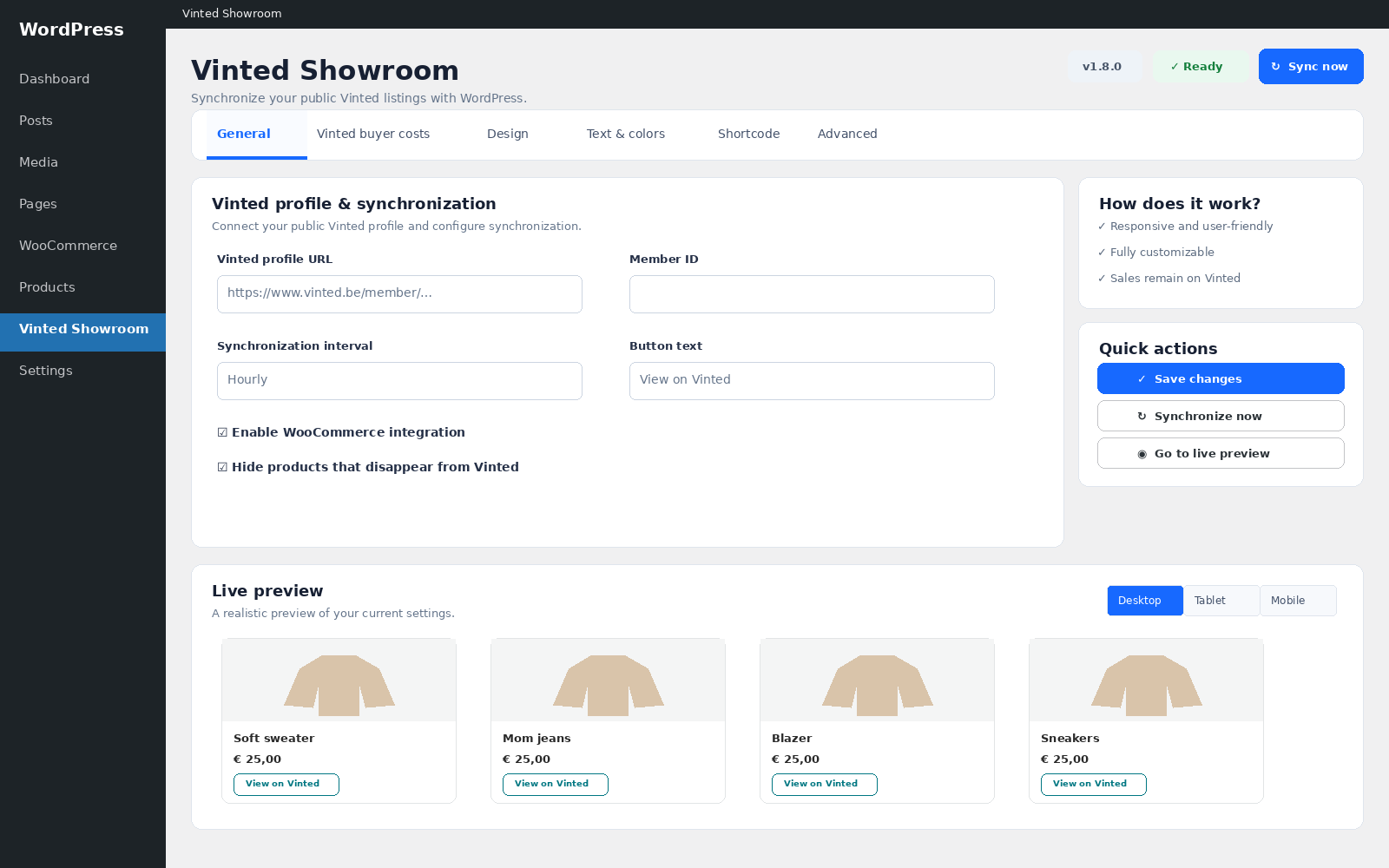 Vinted Showroom dashboard